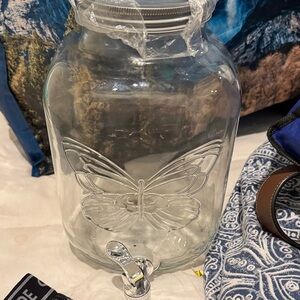 Brand New Dolly Parton Clear Glass Beverage Dispenser with Butterfly Design